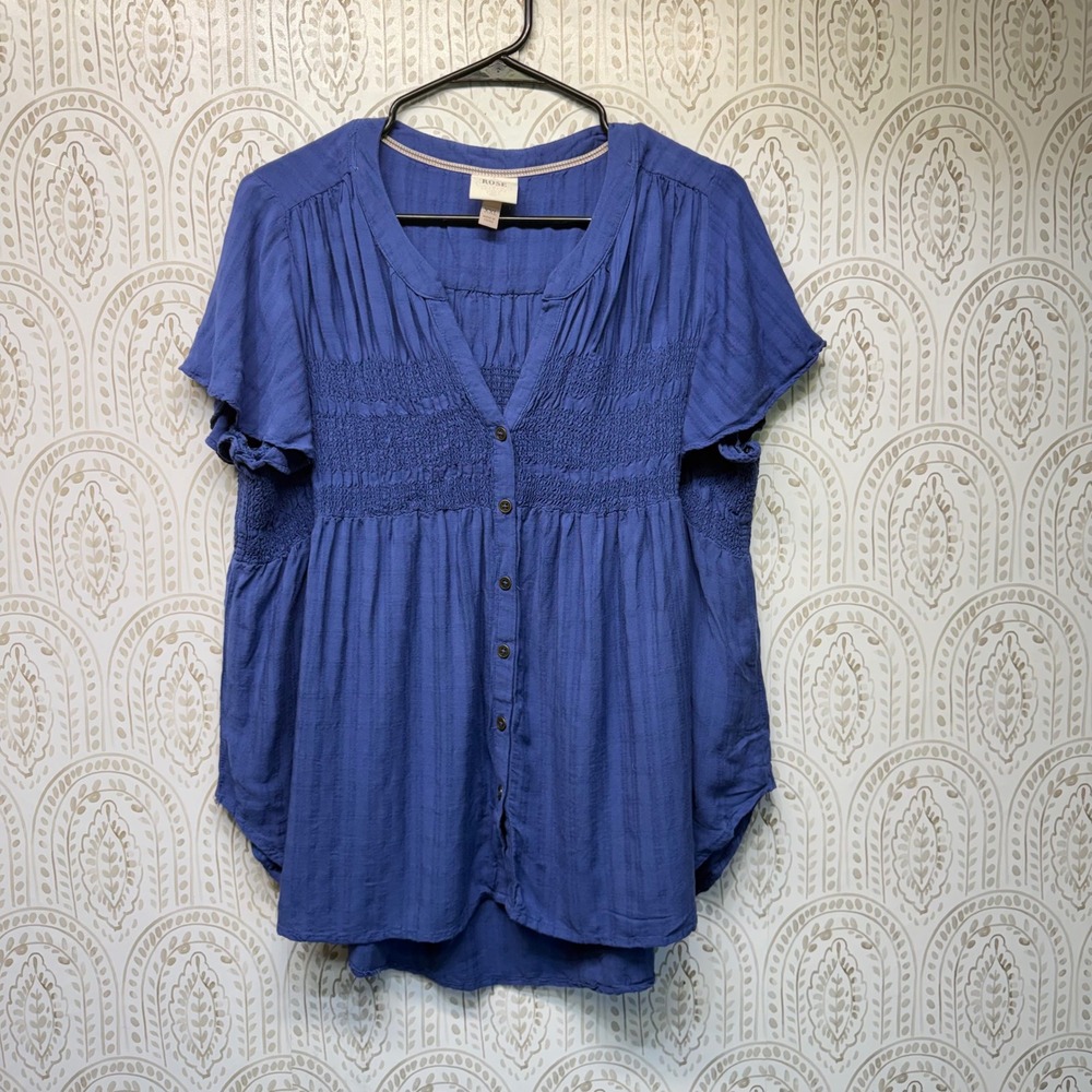 Knox Rose Blouse Womens XXL Blue Smocked Button Front Flutter Sleeve Boho Top